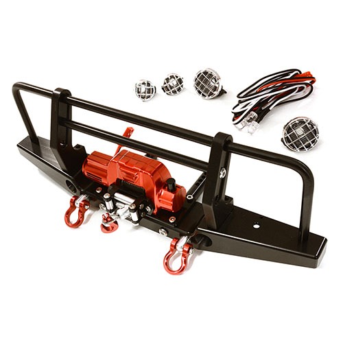 [#C28030BLACKRED] Realistic Front Alloy Bumper w/ Winch &amp; LED for Traxxas TRX-4 w/ 43mm Mount