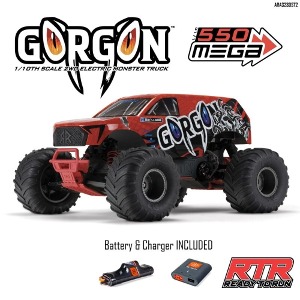 1/10 GORGON 4X2 MEGA 550 브러시드 몬스터 트럭 RTR 배터리 및 USB 충전기 포함, 빨간색   ARA3230ST2