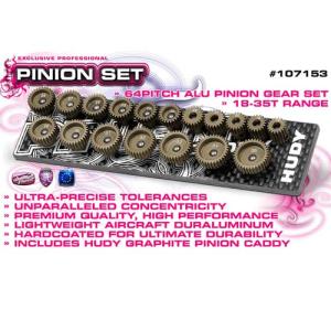 HUDY SET OF 18 ALU PINIONS 64P WITH CADDY 18T ~ 35T   107153