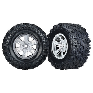 AX7772R Tires &amp; wheels, assembled, glued (X-Maxx satin chrome wheels, Maxx AT tires, foam inserts) (left &amp; right) (2)  