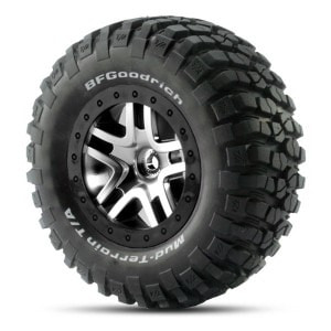AX6873 Tires &amp; wheels assembled glued (SCT Split-Spoke satin chrome black beadlock style wheels BFGoodrich® Mud-Terrain™ T/A® KM2 tires foam inserts) (2)