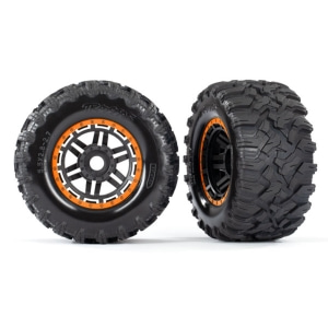(AX8972T Tires &amp; wheels, assembled, glued (black, orange beadlock style wheels, Maxx® MT tires, foam inserts) (2) (17mm splined) (TSM® rated)