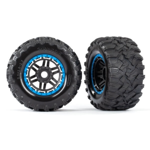 (AX8972A Tires &amp; wheels, assembled, glued (black, blue beadlock style wheels, Maxx® MT tires, foam inserts) (2) (17mm splined) (TSM® rated)