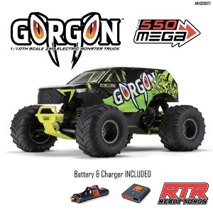1/10 GORGON 4X2 MEGA 550 브러시드 몬스터 트럭 RTR (배터리 및 USB 충전기 포함, 노란색)   ARA3230ST1